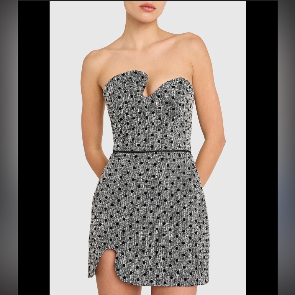 Amanda Uprichard Puzzle Strapless Black & White Polkadot TweedMini Dress Large